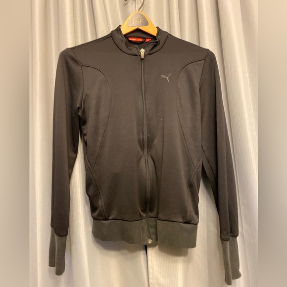 Puma womens Black Full Zip track Jacket Womens med back vent ribbed cuff - Picture 1 of 5